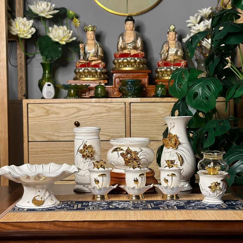  Bộ Gốm Sứ Sen Nổi Dát Vàng Bình Hoa Lư Nhang Đĩa Chung Án - Tuệ Nga 