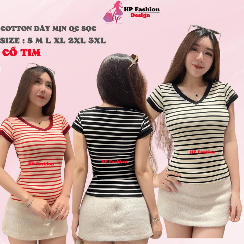 Áo thun cổ tim sọc viền nữ chiết eo basic, áo phông nữ ôm body cộc ngắn tay vải cao cấp co giãn 2 chiều size S M L XL 2XL 3XL   có bigsize  HP54
