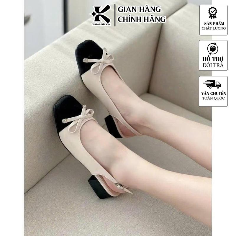 Giày sandal búp bê nữ thời trang phối màu bít mũi da bóng quai đính nơ xinh cao 3cm- B1