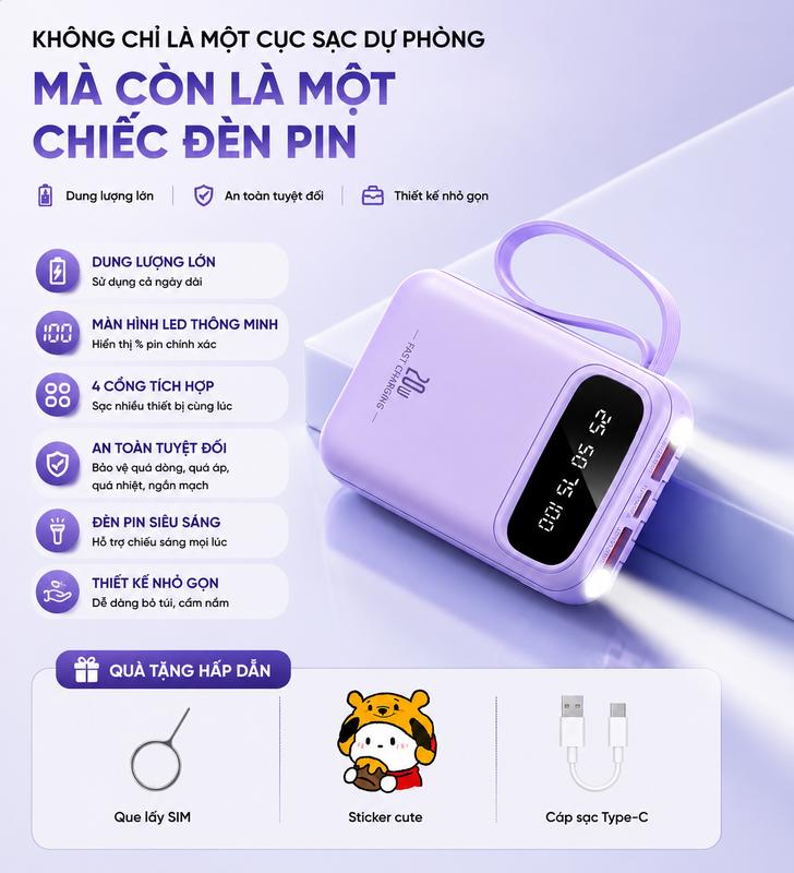 DX279 Sạc dự phòng tích hợp 4 dây sạc cho tất cả các loại điện thoại di động với đèn LED và màn hình hiển thị USBType-C giao diện phụ kiện điện thoại di động 20000mAh