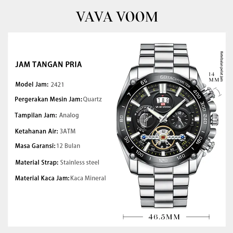 VAVAVOOM 2421 Jam Tangan Pria Stainless Steel Analog Quartz Original Tahan Air Watch + Kotak Gratis 6