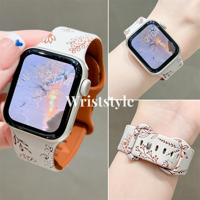 《Chỉ có dây, không có đồng hồ》Dây Đeo Đồng Đồng Hồ Silicon Hoa, Hai Màu, Dành Cho Apple Watch S9 / 8 / 7 / 6 / 5 / 4 / 3 / 2 / 1 SE, Dây Đeo Thay Thế Hoa ULTRA, Dành Cho iWatch 49MM 45 44 42 41 40 38 Dây Đeo Đồng Đồng Hồ Thông Minh Dành Cho Nữ