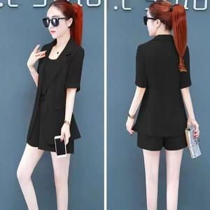 Women's fashionable sets - three-piece set, jacket, long-sleeved shirt, fitted suit, mini straight-leg shorts