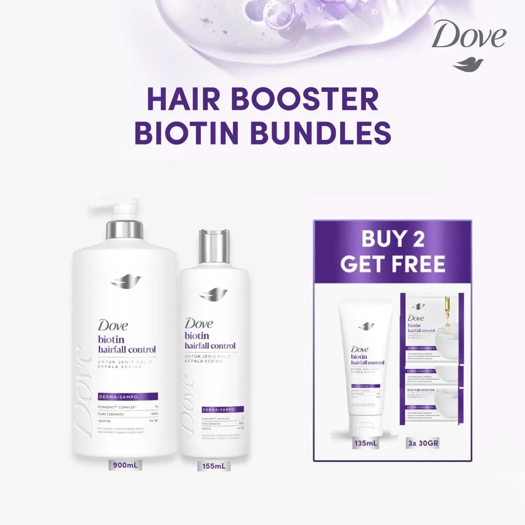 Dove Paket Lengkap Hair Care Anti Rontok Shampoo Biotin Pump 900ml/750ml + Shampoo Biotin 155ml untuk Kulit Kepala Kering dan Rentan Kerontokan - Gratis Conditioner + Creambath