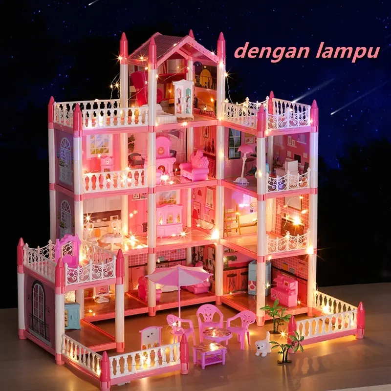 Mainan keluarga anak perempuan dan anak-anak  bingkai 3D Cross Border rakitan istana putri besar mainan rumah boneka 4