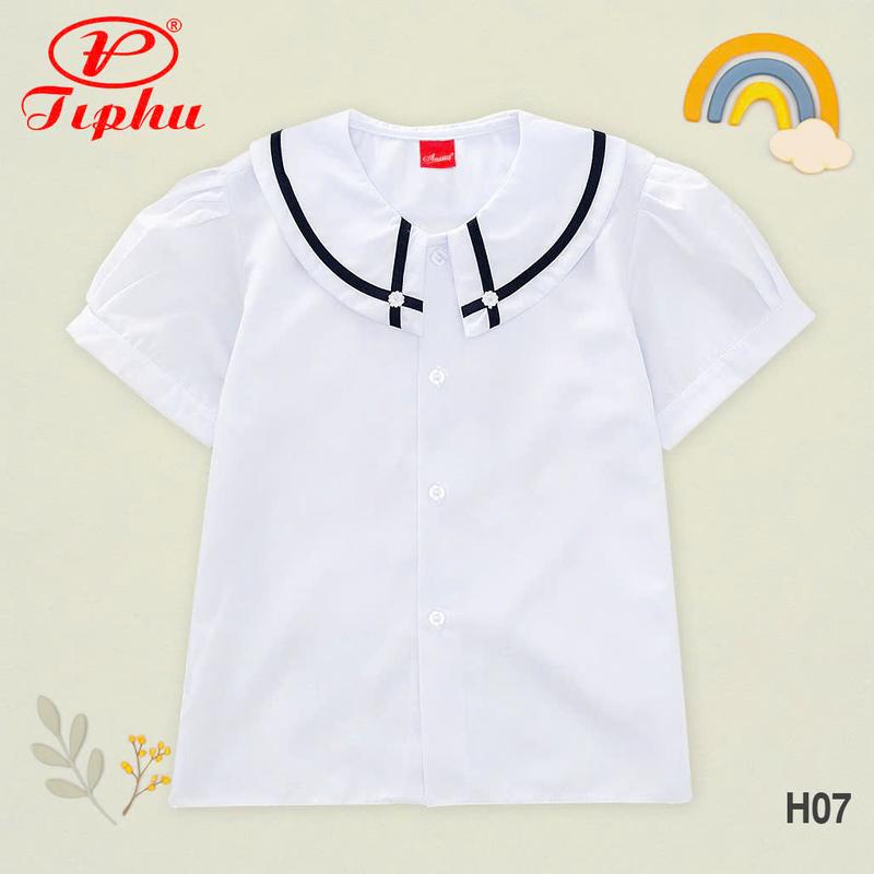 Áo trắng cổ lá sen cho bé gái đi học, vải kate silk hút mồ hôi, tay phồng, size từ 18kg đến 60kg