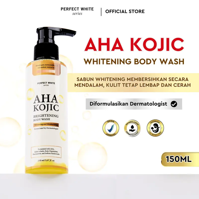 [AFF] [4PCS] PERFECT WHITE AHA Body Serum 50ml + AHA Kojic Brightening Body Lotion 100ml + AHA Kojic Brightening Body Wash + Free 1pcs Sachet Snow White | Paket Perawatan Kulit Mencerahkan Badan Sabun Whitening Pencerah Noda Hitam Tubuh Niacinamide 4