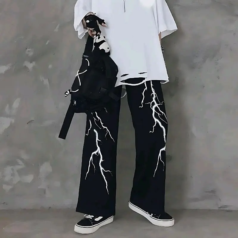 BAGGY lightning celana oversize pria dan wanita celana kulot kekinian Panjang Dewasa Bawahan skena Airflow Hitam Linen