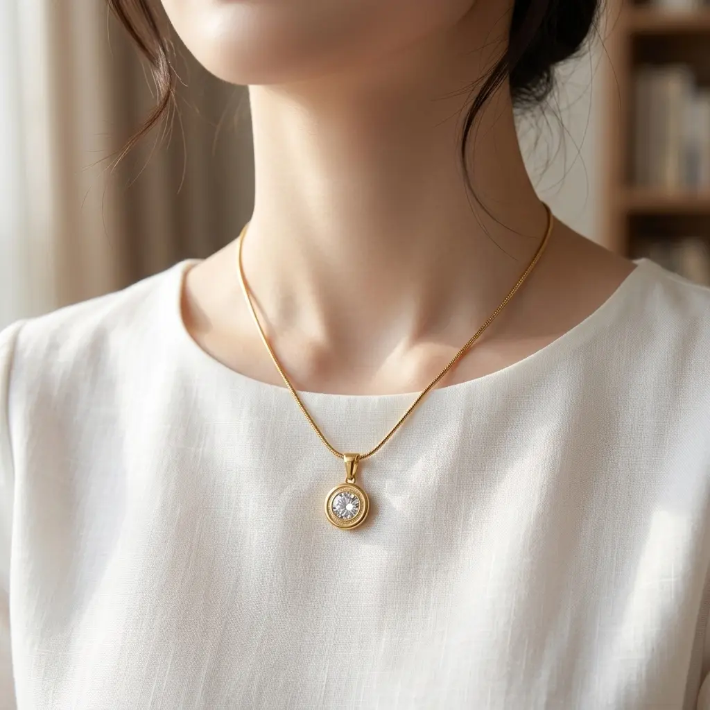 Kalung Adistia Titanium Wanita Warna Gold Liontin Bulat Permata Putih - Kalung Cewek Titanium Rantai Cassandra Round Clear Solitaire Aksesoris Leher Mewah Simple Koyara Jewelry