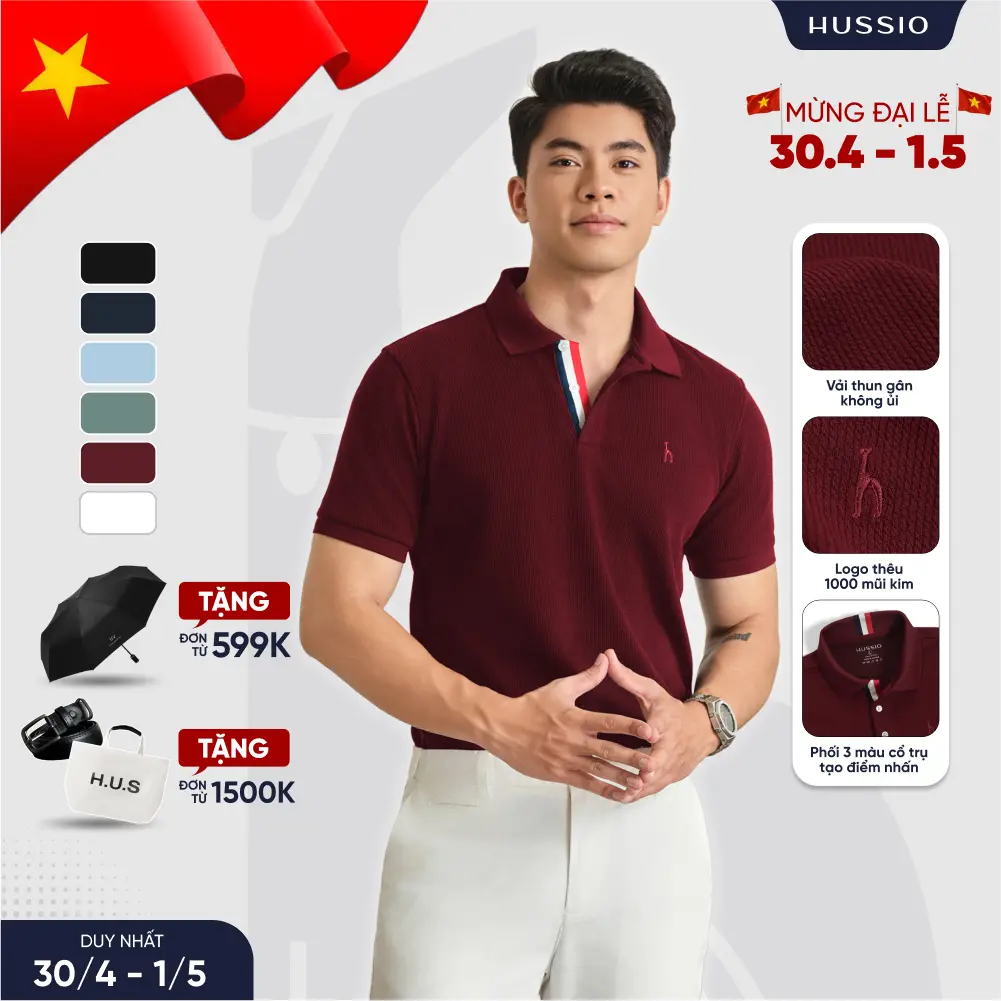Áo POLO nam BUGATI sợi vải đàn hồi tự nhiên KHÔNG ỦI, co dãn tốt, chống nhăn, tôn dáng, che khuyết điểm - HUSSIO