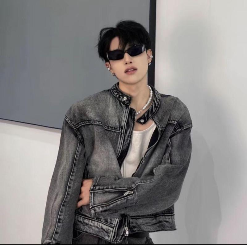 EIGHTEEN MAMIMA-jaket jeans denim abu sanwos atasan pria kasual distro resleting santai keren 1
