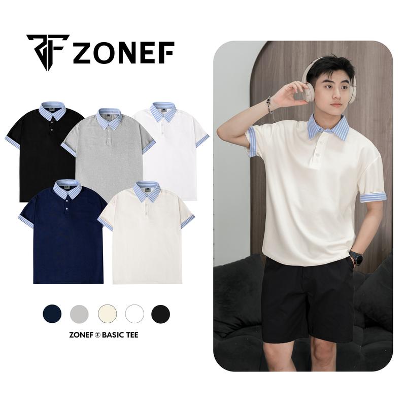Áo Polo ngắn tay phối sơ mi kẻ sọc xanh by ZONEF Polo cổ bẻ nam nữ Unisex vải Cotton tổ ong cao cấp thoáng mát năng động