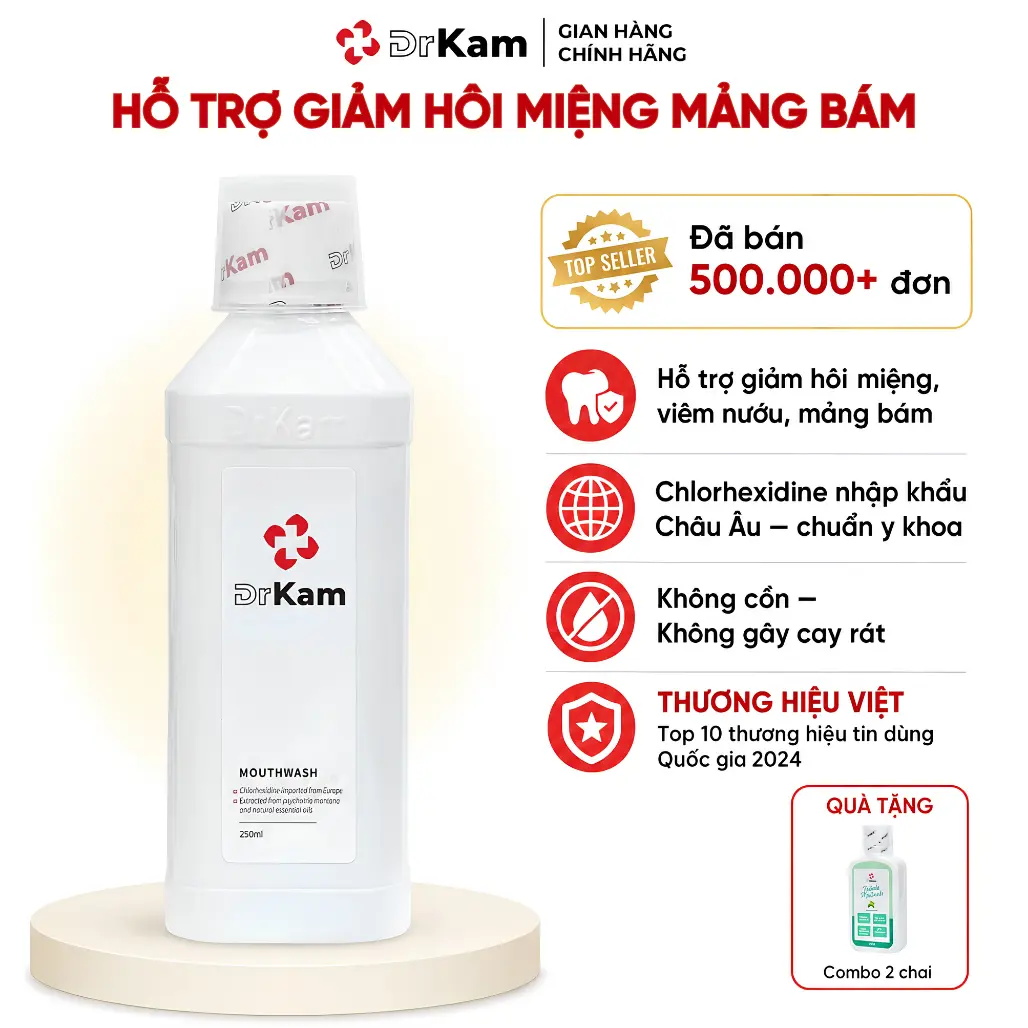 DrKam Nước Súc Miệng Chuẩn Y Khoa 250ml Không Cồn Không Cay Hỗ Trợ Kháng Khuẩn Giảm Viêm Nướu Hôi Miệng Cho Người Lớn & Trẻ Em Từ 6 Tuổi
