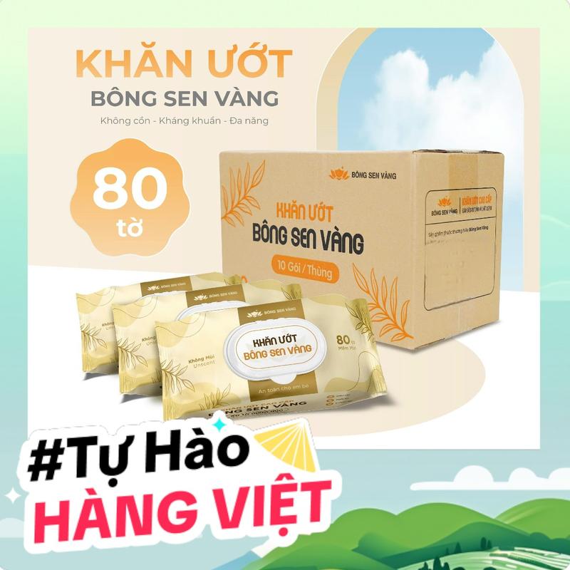 Thùng 10 Gói Khăn ướt Bông Sen Vàng không cồn, kháng khuẩn, đa năng