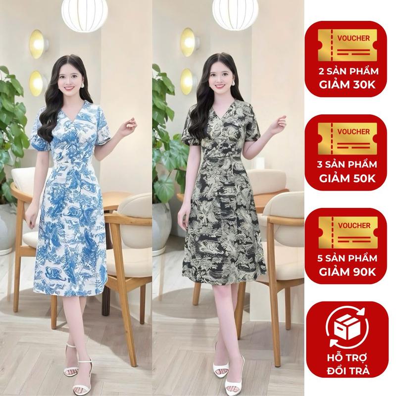  Đầm váy nữ thiết kế Nhật Vy cổ chữ V tay ngắn dáng xoè bigsize chất lụa công sở văn phòng dự tiệc quà tặng vợ mẹ màu xanh đen - D3486 