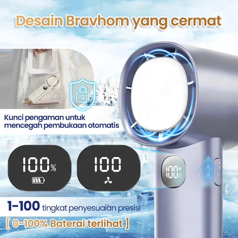 (COD)Bravhom Kipas Angin Turbo Portable LED Display 100 Gear 4000mAh Lampu Malam Dudukan kipas  kerajaan 5