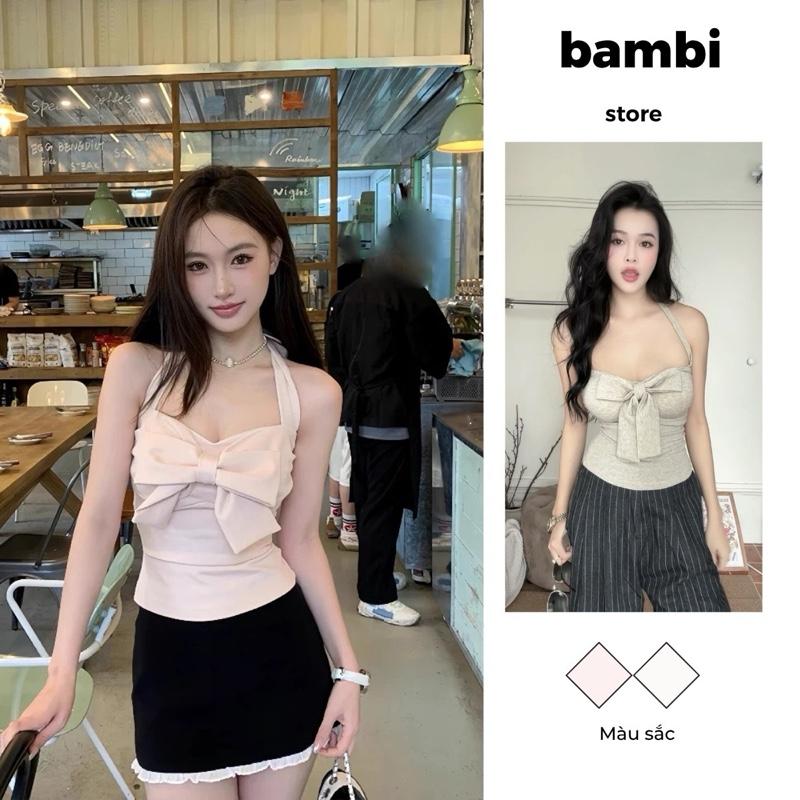 Bambi Áo yếm len thắt nơ 2 màu Có Mút Ngực