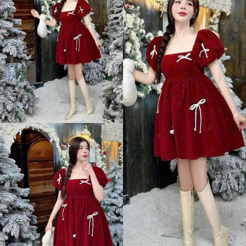  Bigsize 60-140kg đầm babydoll đi chơi noel chơi Tết nhung dáng xoè tay bồng đính nơ kim tuyến 