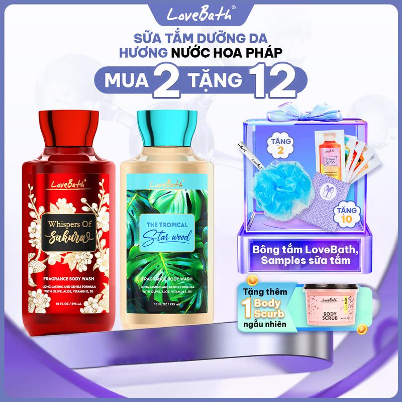 MUA 1 TẶNG 1 Scurb Combo 2 Hộp Sữa Tắm Hương Nước Hoa Pháp 295ml Chiết xuất từ dầu Olive {Quà tặng 2 bông tắm & 10 gói sữa tắm 12ml} | Lovebath Việt Nam