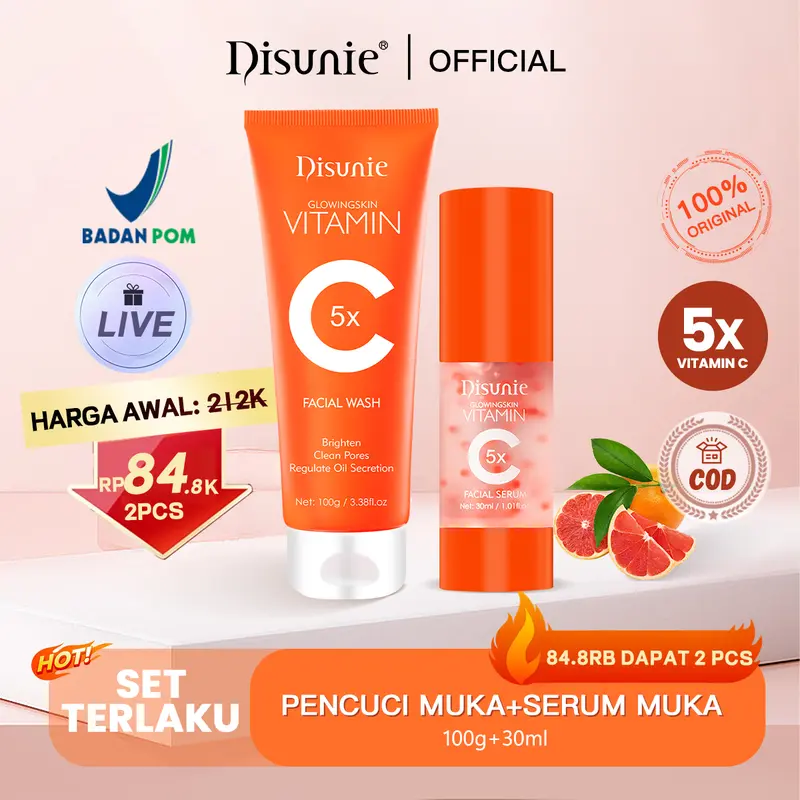 【Bpom】Disunie 5x VITAMIN C pencuci muka+serum muka pencuci muka*2 Acne-Jerawat Deep Cleanser 100g Moisturizer pelembab wajah gentle facial wash Kusam Mencerahkan Membersihkan Acid Cleansing Perawatan Extract Berjerawat Hyaluronic Aging Niacinamide 1