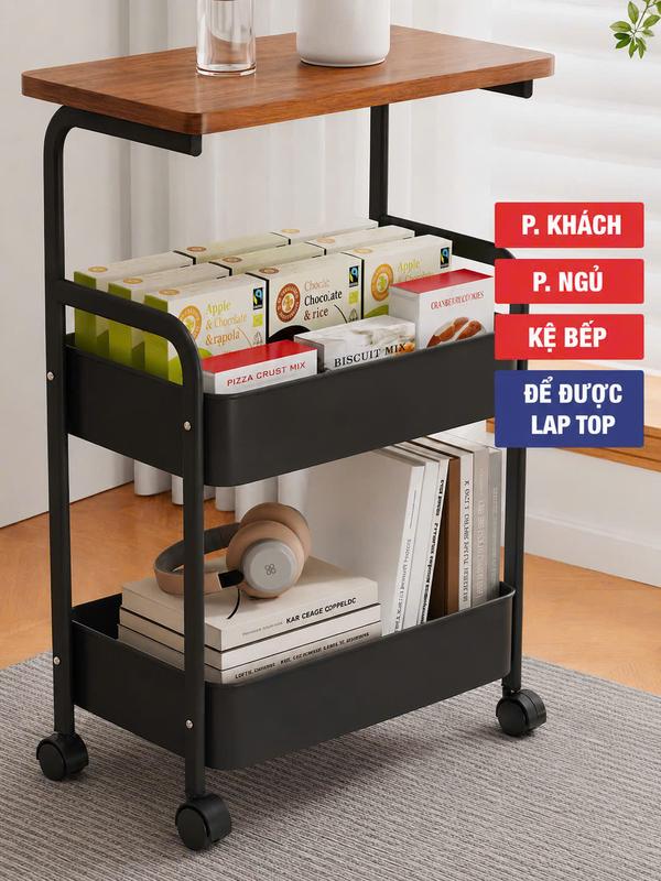 HH05 KỆ 3 TẦNG CÓ BÁNH XE (Chắc chắn) , mặt bàn gỗ MDF-decor phòng khách, phòng ngủ, phòng bếp, kệ bánh xe khóa được