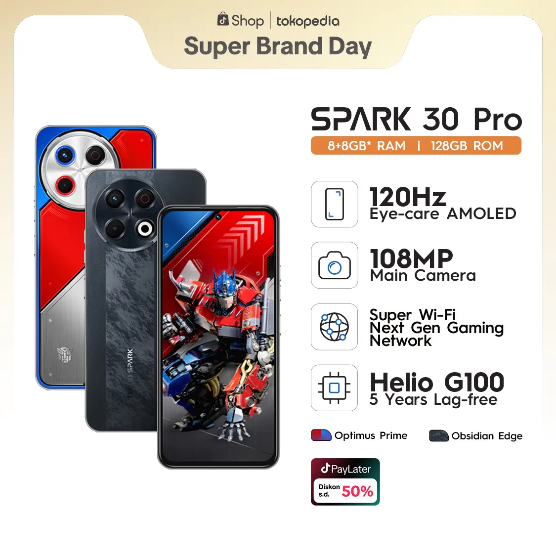 [BEST SELLER] TECNO SPARK 30 Pro - 8+8GB*+128GB, 120Hz Eye Care AMOLED Display, 108MP Main Camera, Super Wi-fi, 5.000mAh + Bypass Charging, MediaTek Helio G100, 4.5G Fast Network, Android 14, Garansi 12+1 Bulan