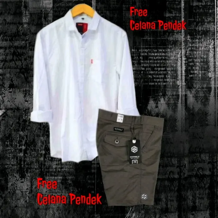 PAKET HEMAT COD Setelan Kemeja Lengan Panjang Pria Dewasa Celana Pendek Pria Dewasa Laki Laki One Set Pria Polos Lengan panjang Katun 2
