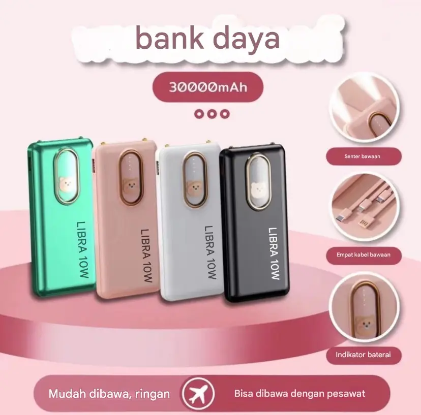 Power Bank 30000 mAh Mini Kartun BeruangUkuran dengan 4 USB Pengisian Cepat SenteiLED Tampilan Cahava Power Bank Power BankEksternal Charger Ponsel Portabel untuk lOS /Android