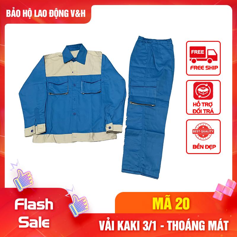 Bộ Quần Áo Bảo Hộ Lao Động Nam Dài Tay Mã 20 Cúc - Có Cổ Sơ Mi, Quần Có Túi Hộp, Vải Kaki 3/1 Dày Dặn, Bền Bỉ, Thoáng Mát, Chống Nắng Nóng Tốt