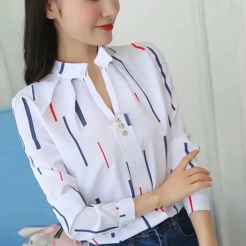 Women White Tops Blouses Fashion Stripe Print Casual Long Sleeve Office Lady OL Shirts Slim Top DF4970