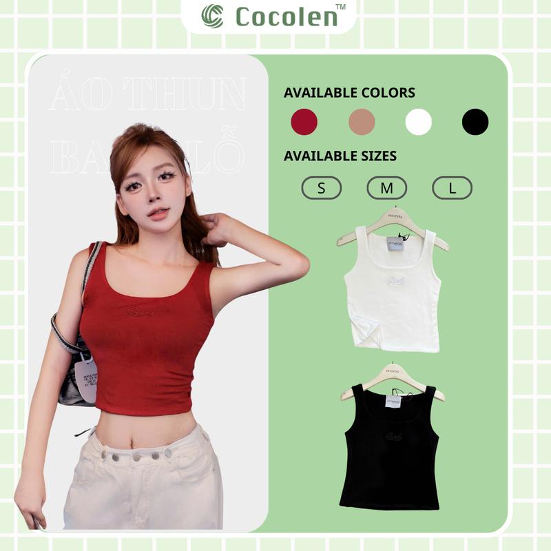  Áo 3 Lỗ 2 Lớp Thêu Chữ Nổi Bản Dây To COCOLEN  Chất Liệu Rib Hàn Đầm Tay Thấm Hút Mồ Hôi Tốt. 