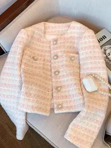 5812 pink Jaket Pendek Wanita Warna Pink Ukuran Besar Gaya Korea Lengan Panjang Blazer Formal untuk tweed top outer wanita kekinian kondangan