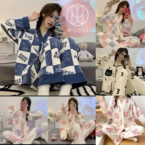 WOORI  Baju Tidur Wanita Dewasa | Piyama Wanita Set | Baju Piyama Set Lengan Panjang