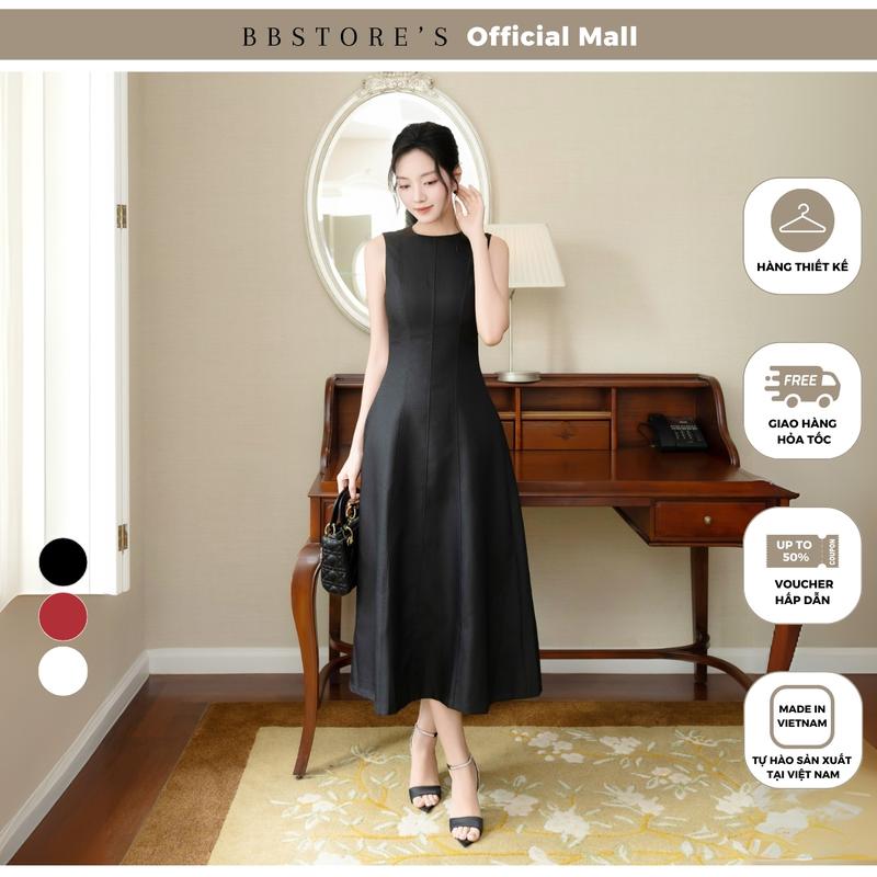  BBSTORE'S Đầm Dài Xòe Chất Ford Gân Cổ Tròn Form Sát Nách Quyến Rũ Màu Trắng Đen Đỏ Dự Tiệc - D4253A 