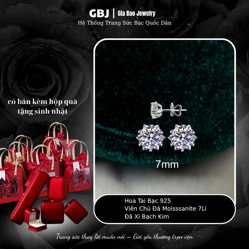   1 ĐÔI  Hoa Tai Bạc 6 Chấu Tim Đôi  chốt vặn  Viên Chủ Moissanite 7Li XI KIM Sang Trọng Phong Cách Unisex GBJ1031 
