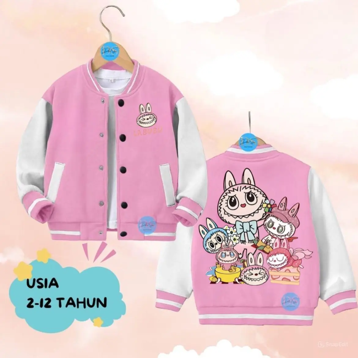 Jaket Varsity Anak Baseball Motif Labubu Lucu Usia 2-12 Tahun Perempuan Bahan Tebal