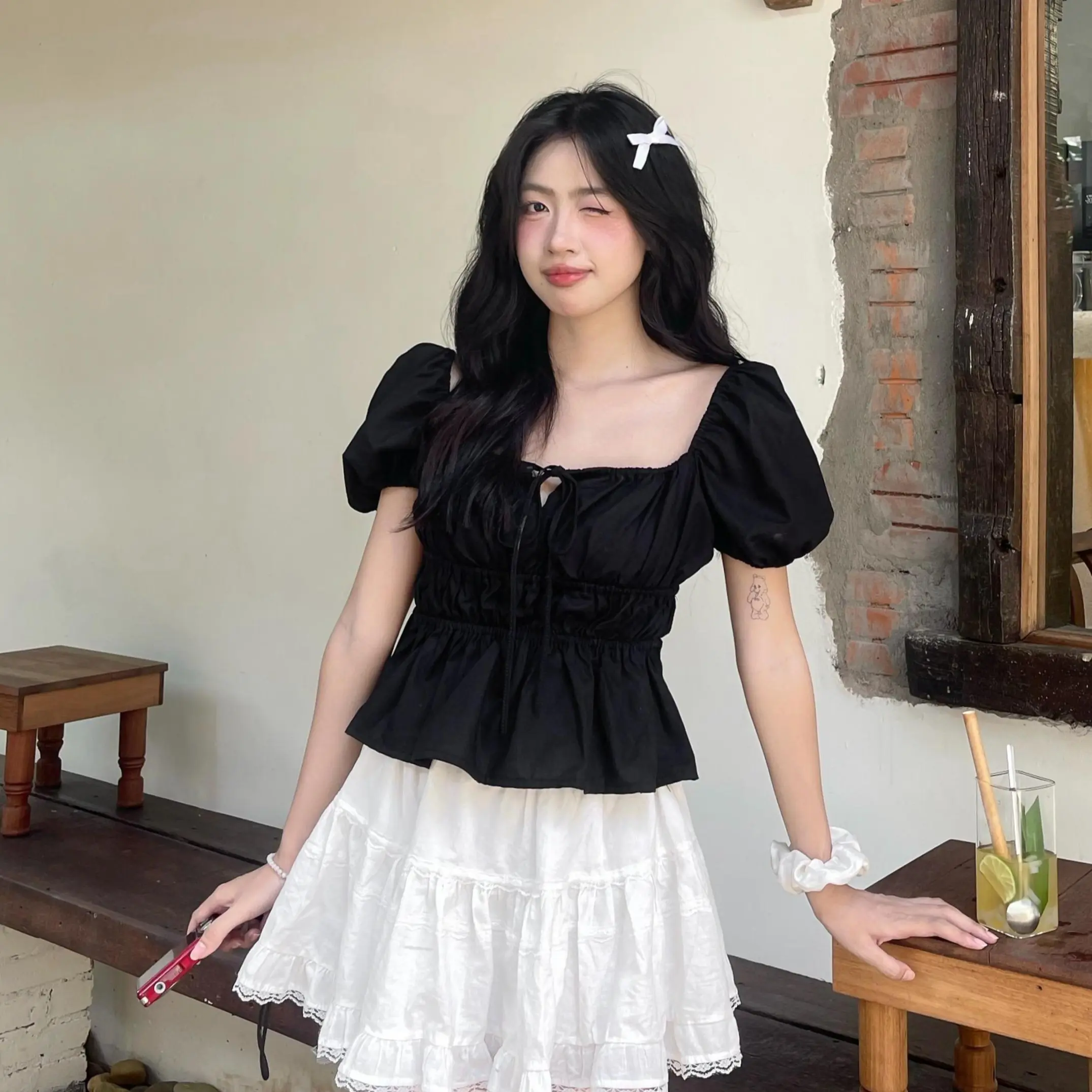 Áo babydoll linen kiểu xinh tay phồng tiểu thư công chúa bo thân nơ coquette ngực xinh xắn Kimee MA287