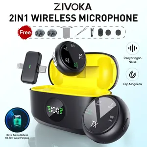 ZIVOKA pocketmic06 Mikrofon nirkabel 2-in-1, mikrofon lavalier magnetik, mikrofon lavalier ganda HP, pasang dan mainkan, dilengkapi dengan wadah pengisi daya.