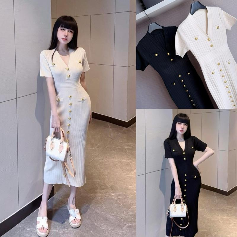 Hàng QCCC L1 Order 7- 10 Ngày Váy Len Dáng Dài Tay Cộc Cổ V Phối Túi Cúc Đồng Hai Màu Đen Trắng Basic Dễ Mặc Sang Trọng Dành Cho Nữ Women Dress By DiepGz17925