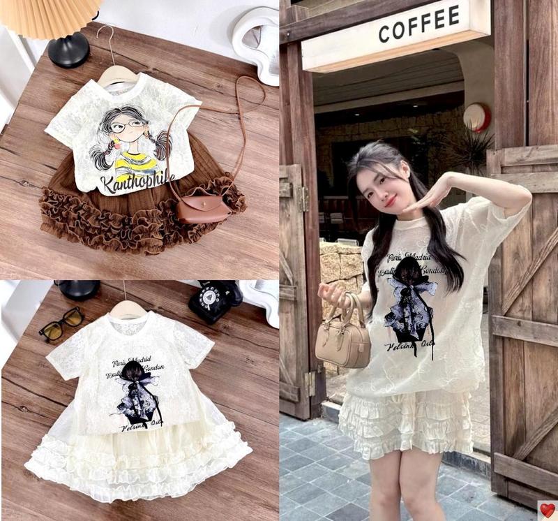 [MinMinKid2] (10-42kg) Set áo ren xốp in hoạ tiết cô gái phối chân váy nâu nhún bèo nhiều tầng sang trọng cho bé gái