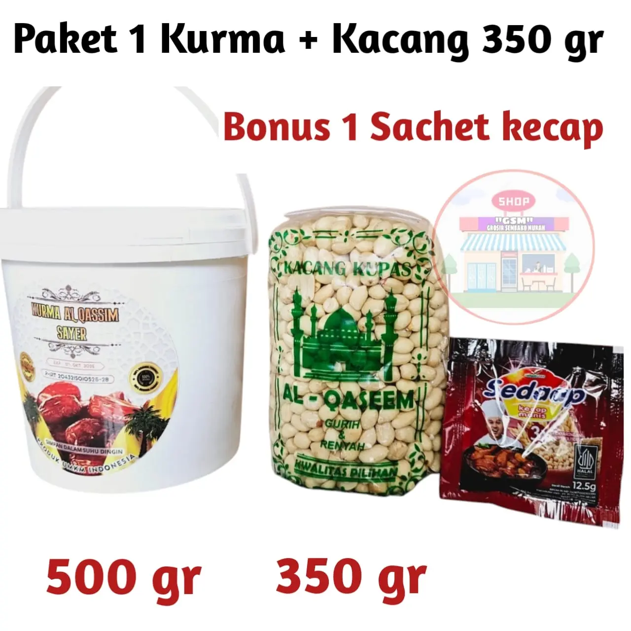 Paket Kurma Al-Qassim 500 Gram + Kacang Kupas Asli Tuban 350 Gram + Bonus 1 Sachet Kecap - Snack, Food