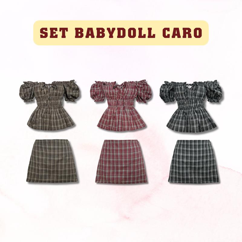 Set BABYDOLL + Chân váy chữ A kẻ sọc Caro SAIGONESE