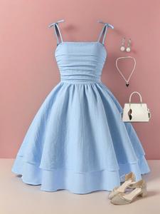 Vestido camisola de color sólido para niña con hombro con lazo, lindo vestido corto sin mangas de moda casual para fiesta, vacaciones, invitada a boda, ropa de verano para niñas
