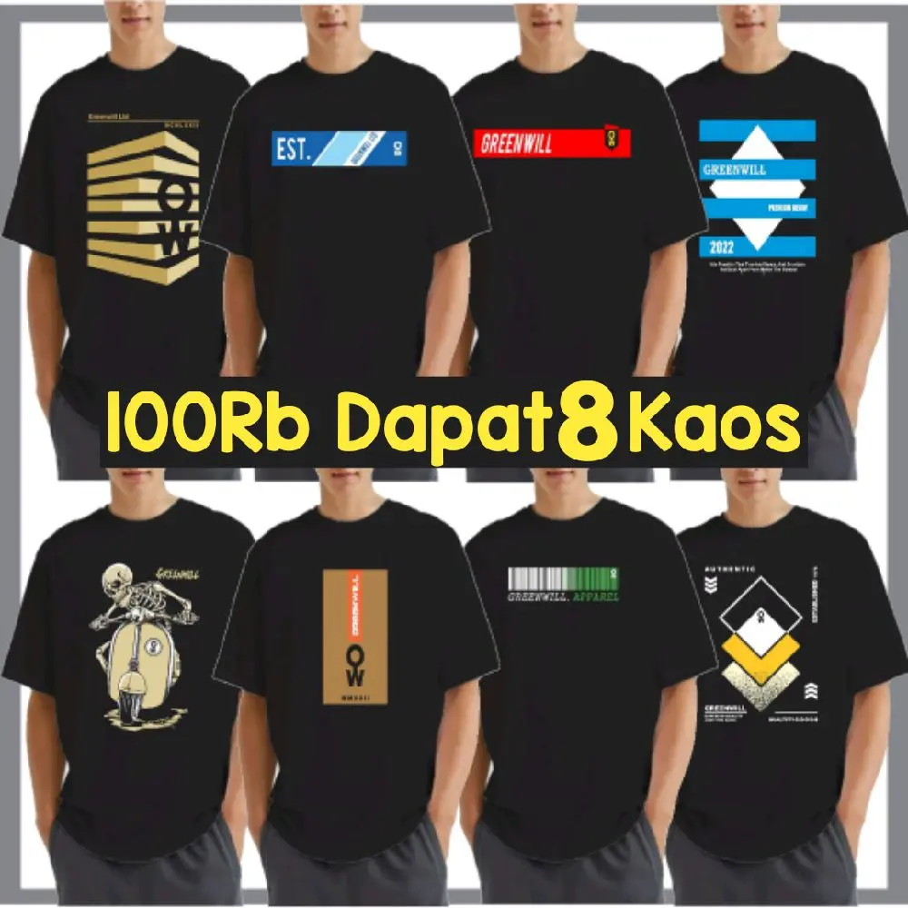 Kaos 100rb 8 Pcs Kaos GreenWill Baju Atasan Lengan Pendek Pria Wanita Dewasa T-Shirt Hitam Distro Oblong