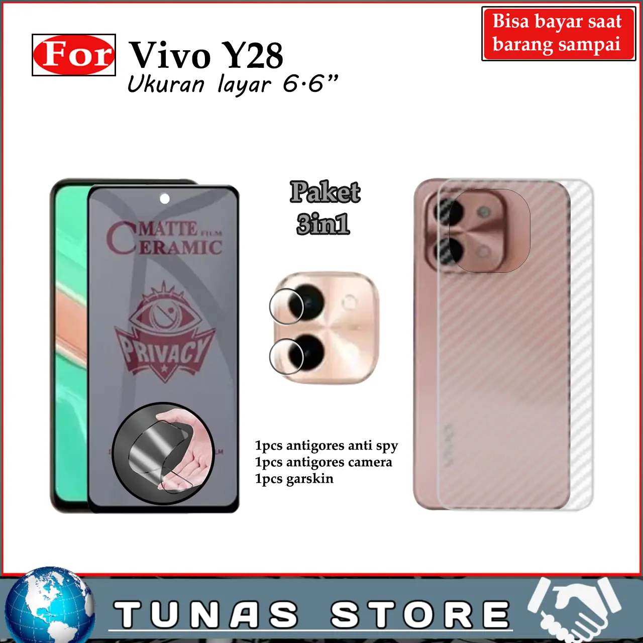 Promo 3in1 Antigores Vivo Y28 4G Anti spy Full Cover Full Layar Screen Protector Anti Pecah
