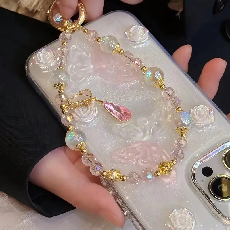 Diy INS Style Pink Crystal Butterfly Beads Keychain For Women Korean Sweet Phone Chain Phone Case Lanyard Hanging Jewelry