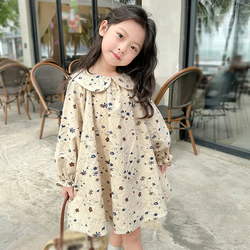 2-12Years Children Girls Simple Long Sleeve Doll Collar Floral Princess Dresses