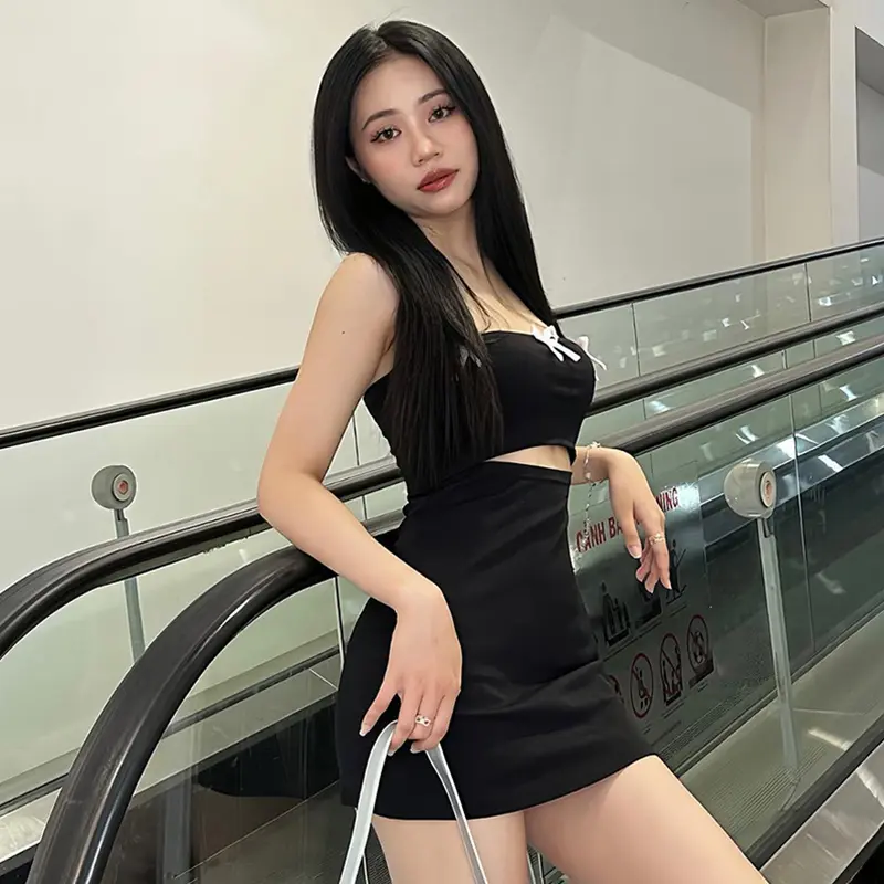Women Bodycon Dress Strapless Backless Bow Hollowed Tube Dress Summer Mini Dress