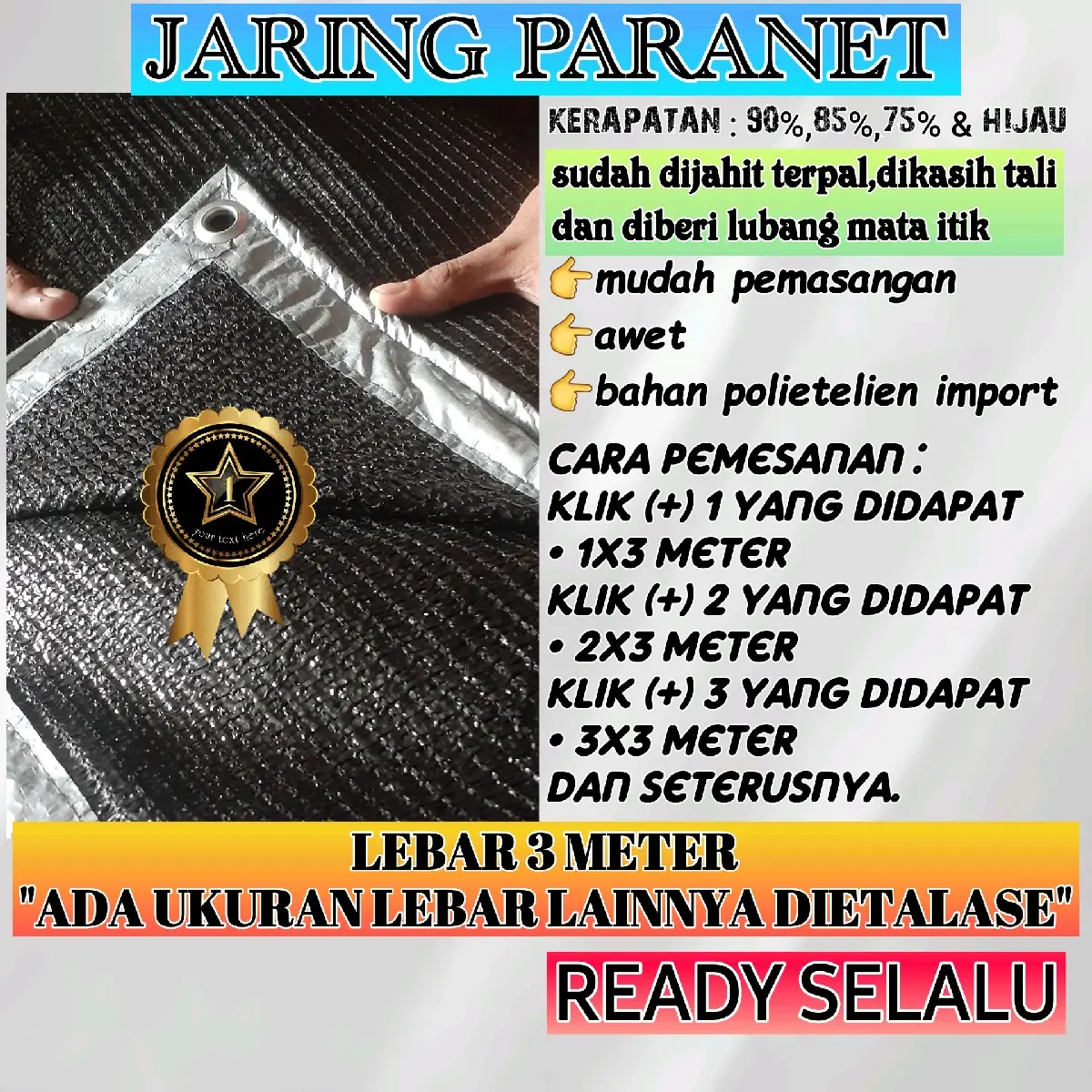 Jaring Paranet Lebar 3 Meter Sudah Dijahit Terpal dengan Tali dan Diplong