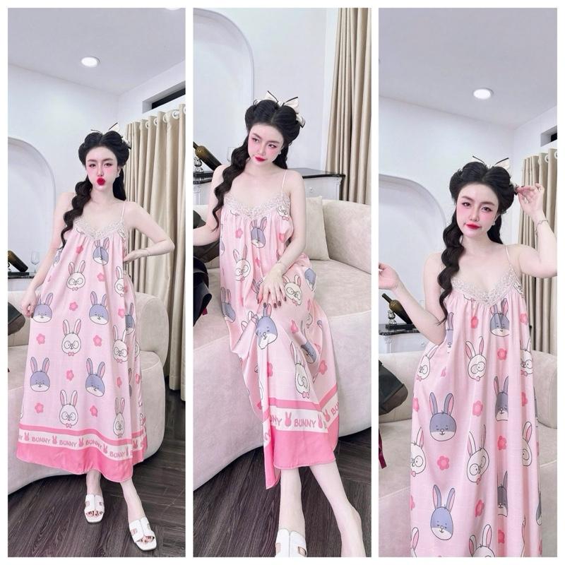 Đầm hai dây dáng dài phối ren chất lụa latin mềm mát free size 40_65 kg